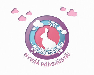 Österlicher Papierschnitt mit Osterhasen, Wolken, Blumen und Sonne. Ostergruß in Finnisch