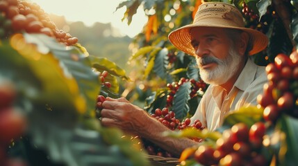 Senior brazilian man harvesting coffee beans in basket with ample space for text