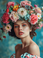 A stunning artistic photo featuring a beautiful woman adorned with flowers in her hair