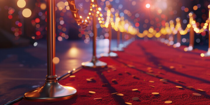 Picture of red carpet covered in gold confetti. Perfect for adding touch of glamor and celebration to any event or occasion - Powered by Adobe