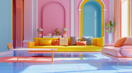 illustration of a modern colorful living room interior mockup