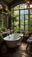 bathroom with plants and big window