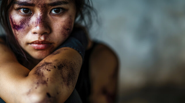 Young girl with visible bruises on her arm. This image can be used to raise awareness about domestic violence or to illustrate story about bullying