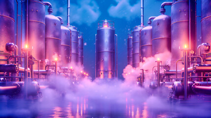 Industrial landscape at night, refinery towers emitting smoke against a backdrop of technology and environmental concern