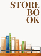 Wooden bookshelf with books and metal railings in carton style at the bottom of the page. Books on a shelf in cartoon style. Template. Poster, poster, form, advertisement, announcement, etc. Place for