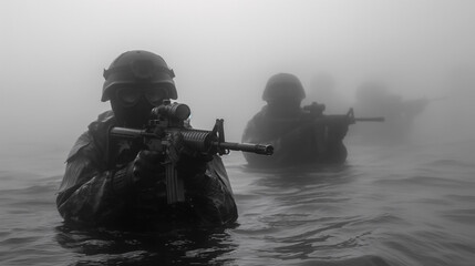 Soldados de las fuerzas especiales del ejercito por el agua en un dia de niebla - obrazy, fototapety, plakaty