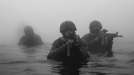 Soldados de las fuerzas especiales del ejercito por el agua en un dia de niebla - obrazy, fototapety, plakaty
