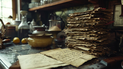 An assortment of aged, handwritten recipe cards stacked neatly on a kitchen counter