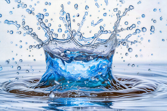 Dynamic splash of water, purity and freshness in motion, blue and white, transparent beauty captured