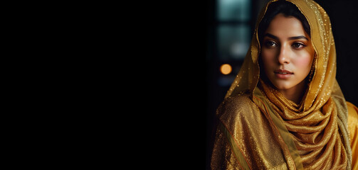 Indian woman in a yellow sari on a black background. - Powered by Adobe