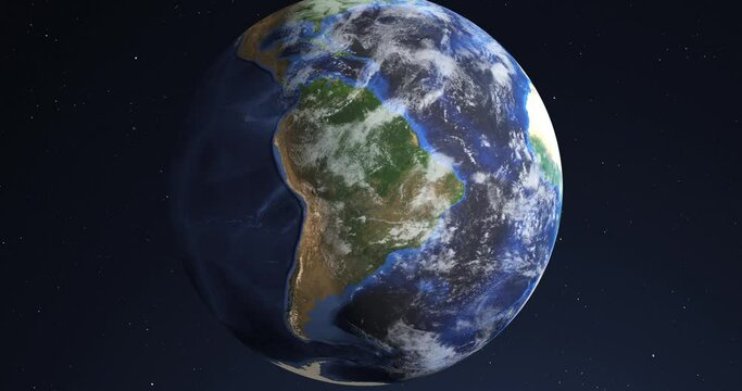 Viewed from space, a realistic 3D animation of South America and the world turning into a dry, depleted and scorched barren desert. Global warming, climate crisis and global cataclysm concept.