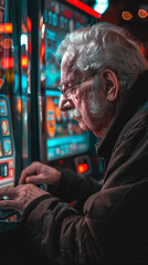 An old man sits and concentrates on playing casino slot machine