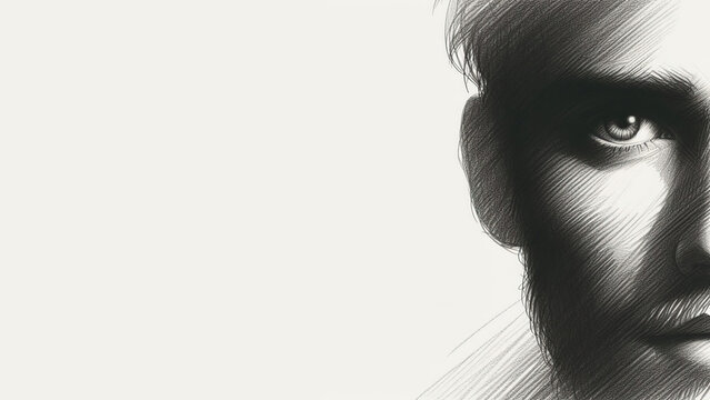 Pencil sketch of a face silhouette of a man's eyes looking at the camera sideways on a white background copy space for your conceptual text ad. Image altered with digital effects