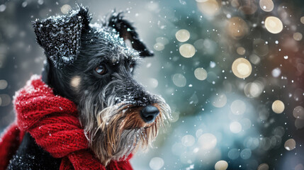 Picture of dog wearing red scarf in snowy outdoors. Perfect for winter-themed designs and holiday promotions