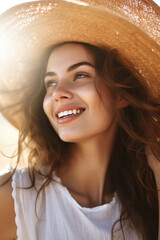 Woman wearing straw hat with joyful expression. Perfect for summer-themed designs and advertisements