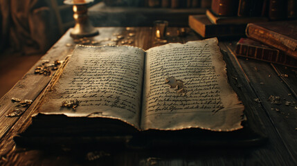 An open, ancient manuscript with intricate calligraphy and illuminated letters on aged parchment