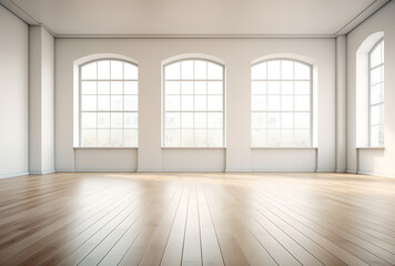 An empty white room with a parquet and three windows
