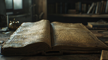 An open, ancient manuscript with intricate calligraphy and illuminated letters on aged parchment