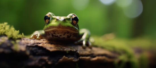 Obraz premium green frog on a log blur nature background