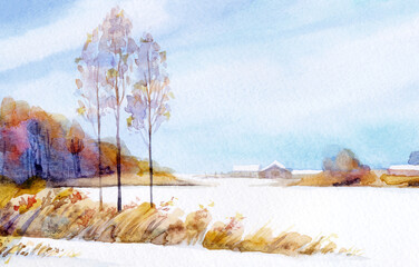 Watercolor painting. Rural winter landscape