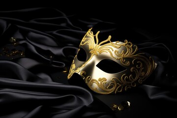 One gold carnival mask on black silk with copy space for advertiser - obrazy, fototapety, plakaty