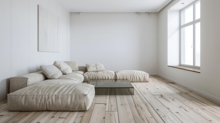 Minimalist Living Room with Light Wooden Floor AI Generated.