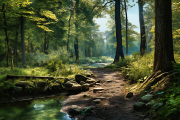 Obraz premium Autumn Forest Landscape, Tranquil Nature Scene with River and Colorful Trees