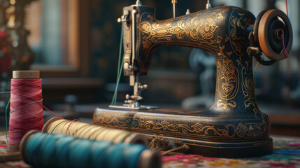 A vintage sewing machine with detailed engravings, accompanied by spools of colorful thread - obrazy, fototapety, plakaty