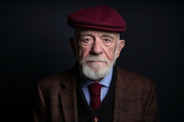 Portrait of an old man with a beard and a red cap on a dark background.