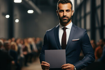 Confident Businessman Presenting at a Conference, Open Empty Text Copy Space Used for a Business Professional Seminar Poster, Announcement, Invitation, or Sign

