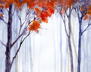 Trees in the winter forest. Watercolor landscape - obrazy, fototapety, plakaty