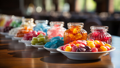 Multi colored candy bowl, sweet indulgence, vibrant colors generated by AI