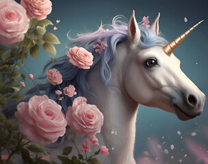 portrait of cute white Unicorn with blue mane around pink roses against blue background. Ai generated