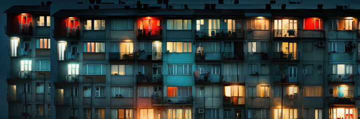 Facade of Soviet panel house at night. Glowing windows. Red, yellow light. Front view. Concept of buying home with mortgage, renting property, rent apartment, real estate agency. Sleeping poor area. - obrazy, fototapety, plakaty