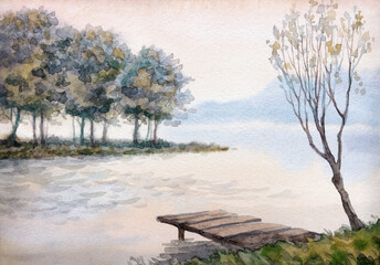 Fototapeta na wymiar Watercolor landscape. Sunset over the lake