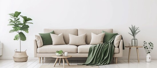 Minimalistic living room with a beige sofa, green blanket, cushions, and a white wall.