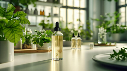 Organic oil in a transparent bottle, essence of nature for health and beauty, aromatherapy and natural skincare
