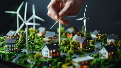 Man's hand installing wind Turbine on Miniature eco-city plan presentation with small houses, streets, cars, trees, railroads, wind generators. Architecture future city development concept image.