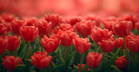 Beautiful composition spring flowers. Bouquet of red tulips flowers on pastel red background