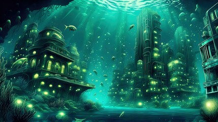 Underwater City With Bioluminescent Creatures