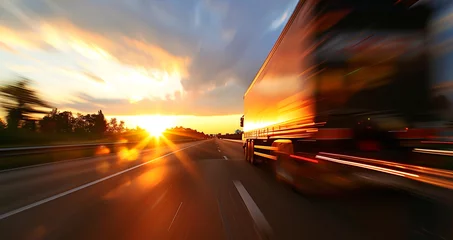 Foto op Canvas Big truck with fast going with Trailer on the evening highway toward sunset sky. International cargo delivery, transportation industry beautiful wide angle blurred motion shot. © Soloviova Liudmyla