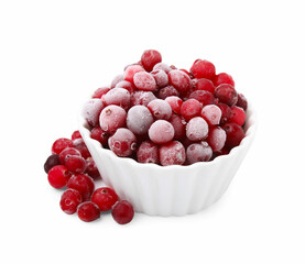 Frozen red cranberries in bowl isolated on white