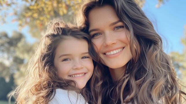 Beautiful woman and child with long brown hair smiling generative ai