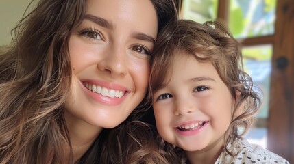 Beautiful woman and child with long brown hair smiling generative ai