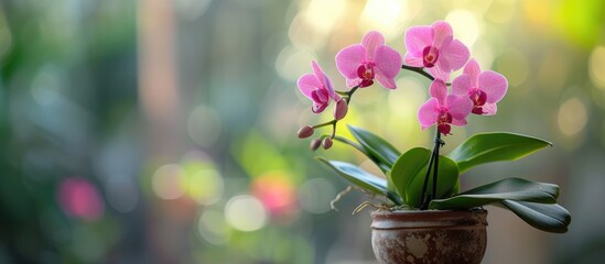 Caring for a houseplant, an orchid in a backyard flower pot.