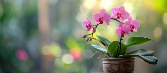 Foto op Plexiglas Caring for a houseplant, an orchid in a backyard flower pot. © Sona