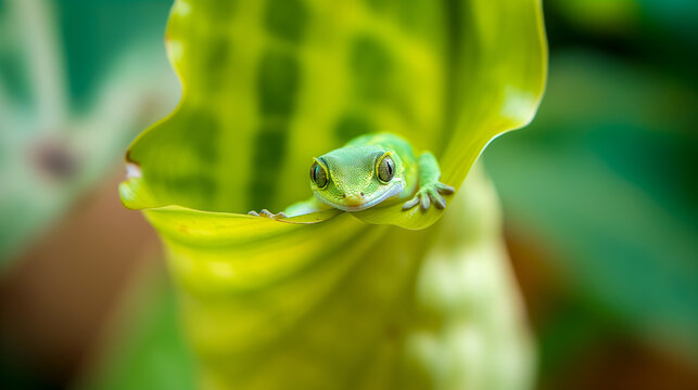 Macro closeup image photo shot of gecko standing on a plant leaf