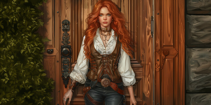 Young red hair woman in white blouse, vest and leather pants, stands against the old wooden door, steampunk stil