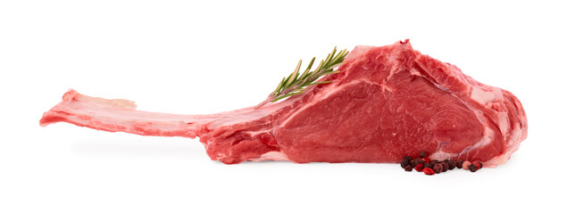 Piece of raw beef meat and spices isolated on white