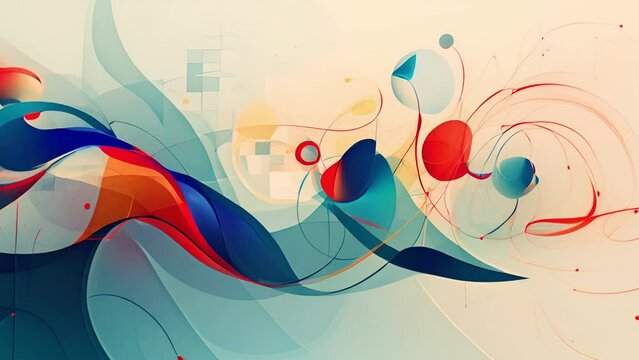 Non-objective abstract art depicting a wave crashing by transforming various shapes and colors against a white backdrop